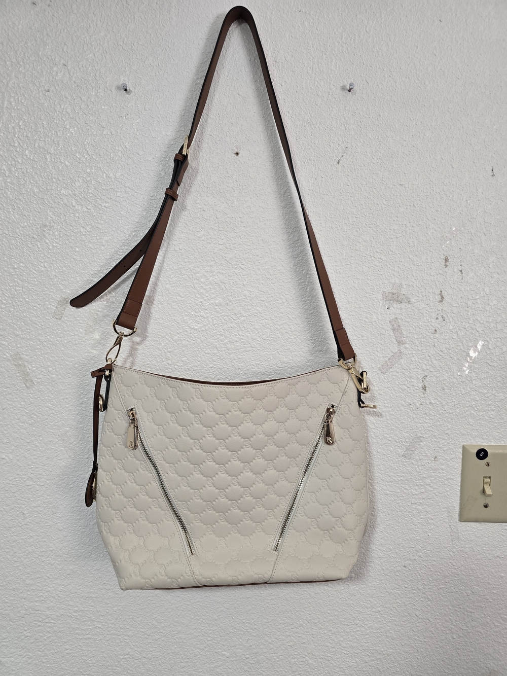 BOSTANTEN Monogram Embossed Cream & Tan Crossbody Shoulder Bag